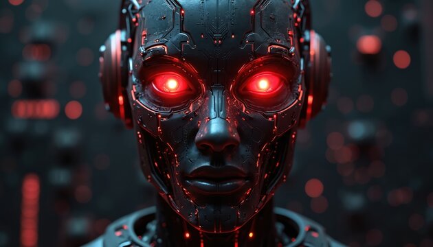 Futuristic cyborg face with glowing red eyes on circuit backdrop. Artificial intelligence concept. Modern AI tech, digital computing, automation. Cyberpunk design, virtual reality.
