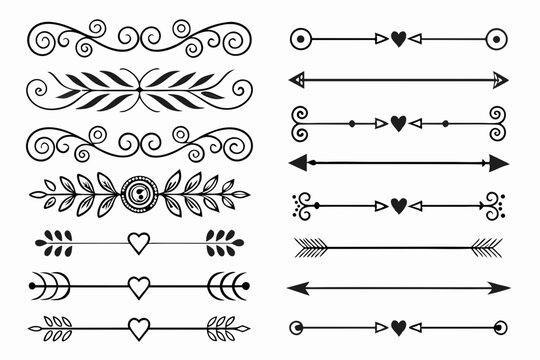 Elegant Vintage Divider Set in Black Vector Featuring Hand-Drawn Arrows, Floral Swirls, and Curved Line Borders. Decorative Elements for Layout and Design.

