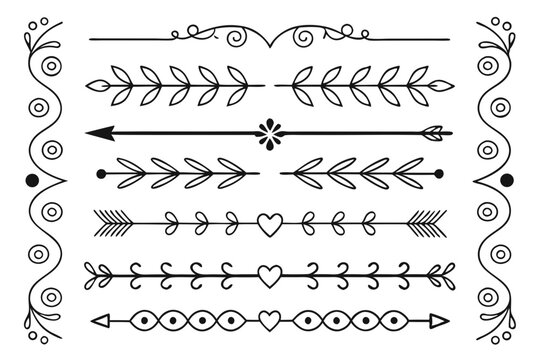 Hand-Drawn Divider Set Featuring Curved Arrows, Swirls, and Floral Elements in Elegant Black Vector. Vintage Borders for Layouts, Cards, and Posters.

