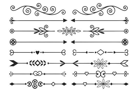 Elegant Divider and Swirl Border Collection in Hand-Drawn Black Vector Featuring Arrows and Floral Accents for Invitations, Posters, and Graphic Projects.

