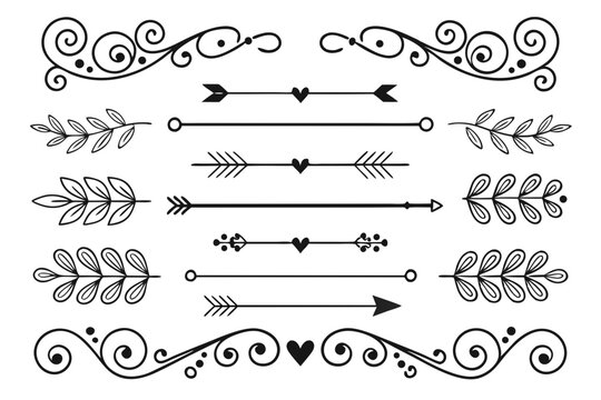 Hand-Drawn Swirl and Arrow Divider Elements in Elegant Black Vector Featuring Floral Ornaments for Layout Templates, Invitations, and Poster Designs.

