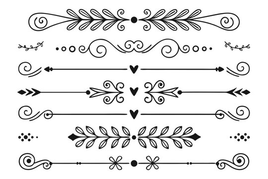 Black Vector Divider Set Featuring Ornamental Arrows, Swirls, and Elegant Hand-Drawn Floral Borders. Perfect for Layouts, Invitations, and Wedding Stationery.

