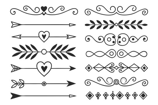 Elegant Decorative Border Collection with Hand-Drawn Arrows, Swirls, and Floral Motifs in Black Vector. Vintage Style Dividers for Invitations and Posters.

