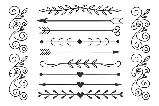 Elegant Decorative Divider Set in Hand-Drawn Black Vector Featuring Vintage Arrows, Floral Swirls, and Curved Borders for Posters and Layout Design Projects.

