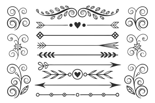 Ornamental Arrow and Swirl Dividers with Elegant Floral Accents in Black Vector. Hand-Drawn Decorative Borders for Invitations and Creative Layout Templates.

