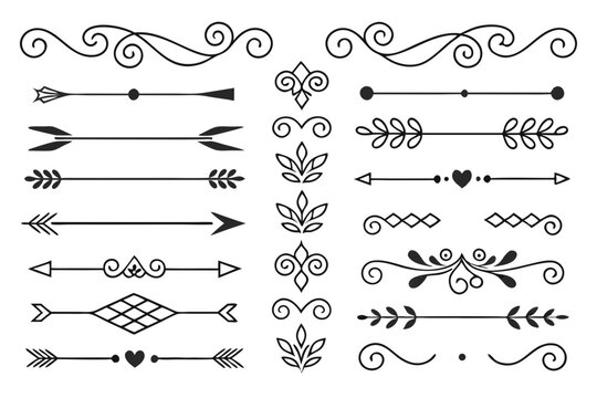 Hand-Drawn Decorative Divider Elements in Elegant Black Vector Featuring Swirls, Arrows, and Floral Borders. Vintage Ornaments for Creative Layout Design.

