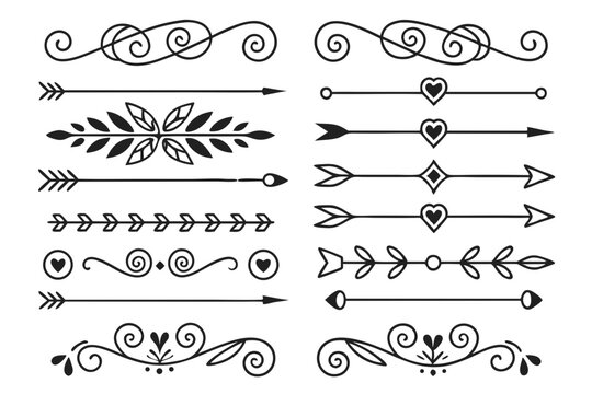 Vintage Divider Set Featuring Elegant Line Art Arrows, Swirls, and Floral Elements in Black Vector. Hand-Drawn Borders for Invitations and Graphic Design.

