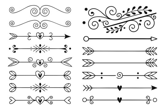 Decorative Divider and Swirl Collection Featuring Elegant Floral Motifs and Arrows in Hand-Drawn Black Vector. Vintage Borders for Layouts and Invitations.

