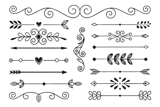 Elegant Black Vector Dividers Featuring Arrows, Hearts, Swirls, and Ornamental Borders. Hand-Drawn Decorative Design Elements for Layouts and Wedding Invitations.

