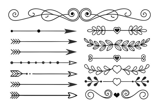 Hand-Drawn Elegant Divider Set in Black Vector Featuring Curved Arrows, Floral Swirls, and Vintage Ornaments. Stylish Elements for Layout Design and Invitations.

