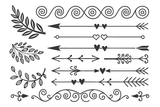 Vintage Decorative Divider Collection in Elegant Black Vector Featuring Arrows, Swirls, and Floral Borders. Ideal for Posters, Invitations, and Graphic Layouts.

