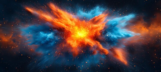 Poster - Vibrant Cosmic Burst Dynamic Energy Explosion with Geometric Shapes in Blue and Orange Colors