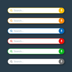 Fototapete - Various search bar templates. Internet browser engine with search box, address bar and text field. UI design, website interface element with web icons and push button. Vector illustration
