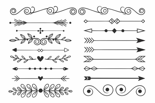Decorative Divider Set Featuring Elegant Line Art Arrows, Vintage Swirls, and Floral Accents in Black Vector. Hand-Drawn Ornaments for Posters and Layouts.

