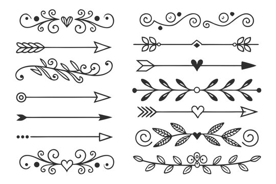 Black Vector Decorative Borders Featuring Elegant Arrows, Curves, and Floral Ornaments. Hand-Drawn Dividers for Creative Layout Projects and Invitations.

