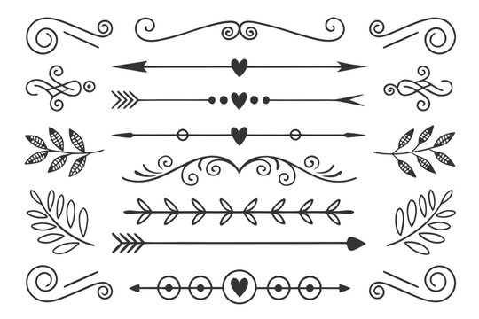 Elegant Hand-Drawn Divider Set Featuring Ornamental Arrows, Floral Accents, and Swirled Lines in Black Vector for Stylish Layouts and Graphic Design.

