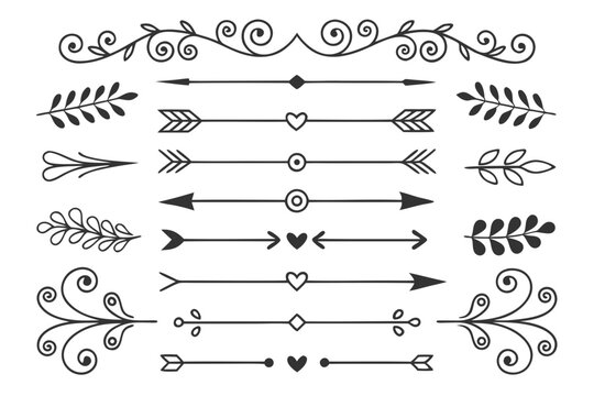 Vintage Divider Collection Featuring Hand-Drawn Arrows, Swirls, and Floral Borders in Elegant Black Vector. Perfect for Invitations, Posters, and Layouts.

