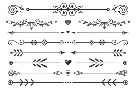 Black Vector Dividers Featuring Elegant Hand-Drawn Arrows, Vintage Swirls, and Floral Accents. Decorative Borders for Layout Design and Invitations.

