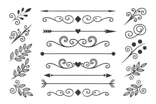 Elegant Black Vector Divider Collection Featuring Arrows, Curved Swirls, and Floral Ornaments. Hand-Drawn Decorative Elements for Layout and Design.

