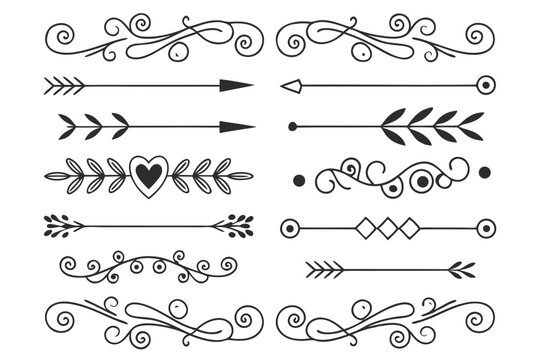 Hand-Drawn Decorative Divider Set Featuring Elegant Swirls, Arrows, and Floral Borders in Vintage Black Vector Style for Wedding Layouts and Invitations.

