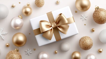 Wall Mural - Close-up of a white gift box with a gold bow surrounded by red and gold Christmas ornaments on a wooden surface.