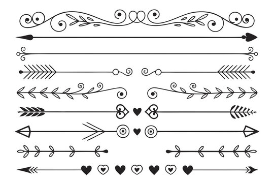 Vintage Swirl and Arrow Dividers in Elegant Black Vector Featuring Hand-Drawn Floral Accents and Borders. Decorative Design Elements for Invitations and Posters.

