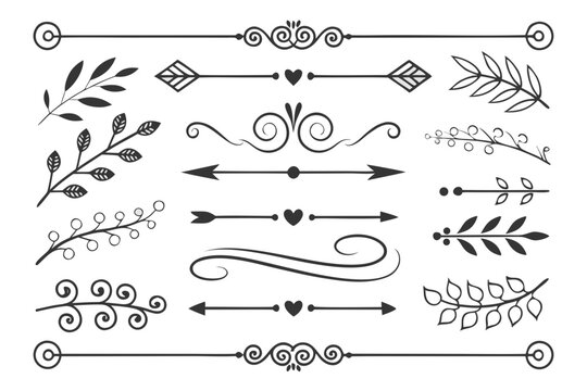 Ornamental Divider Collection in Hand-Drawn Elegant Black Vector Featuring Arrows, Curved Lines, and Floral Elements for Stylish Layout and Invitation Designs.

