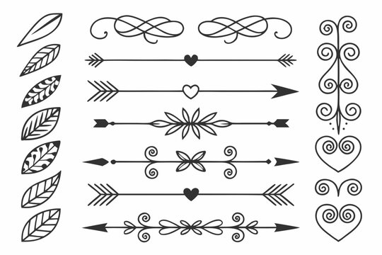 Elegant Arrow and Swirl Dividers with Floral Ornaments in Hand-Drawn Black Vector. Vintage Borders and Decorative Line Art for Invitations and Creative Layouts.

