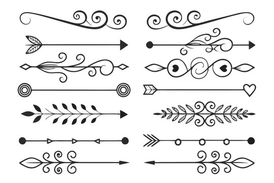 Decorative Divider Collection Featuring Hand-Drawn Arrows, Swirls, and Floral Accents in Elegant Black Vector. Perfect for Posters, Layouts, and Wedding Cards.

