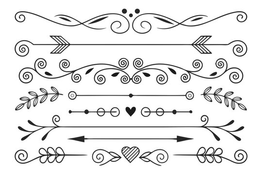 Ornamental Divider and Floral Arrow Collection in Elegant Black Vector Style. Hand-Drawn Borders and Decorative Line Art for Invitations, Layouts, and Branding.


