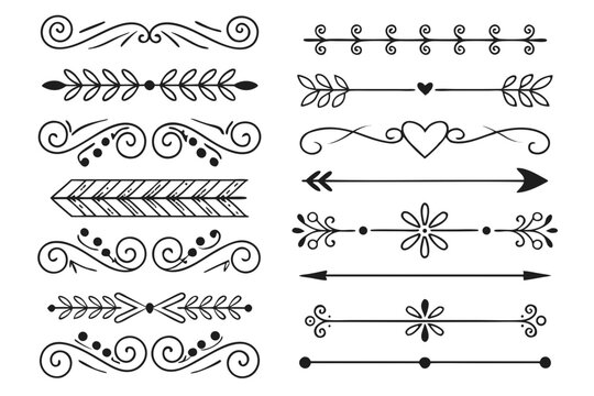 Collection of Elegant Line Art Dividers with Arrows, Curved Swirls, and Floral Borders in Hand-Drawn Black Vector Style for Invitations and Graphic Design Projects.

