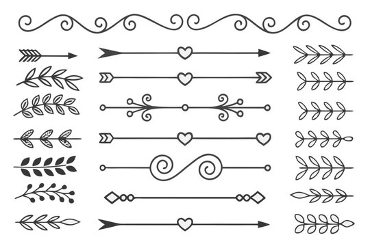 Decorative Divider Set Featuring Elegant Curves, Floral Swirls, and Hand-Drawn Arrows in Black Vector. Ornamental Borders for Wedding Invitations and Layout Templates.

