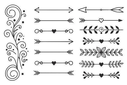 Hand-Drawn Divider Collection Featuring Vintage Arrows, Ornamental Swirls, and Floral Borders in Elegant Black Vector Style for Posters, Invitations, and Layouts.

