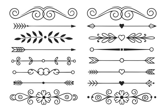 Elegant Floral Arrow Dividers in Vintage Hand-Drawn Black Vector Style. Ornamental Borders and Curves for Wedding Cards, Posters, and Graphic Design Layouts.

