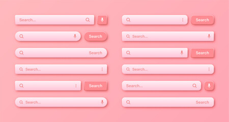 Fototapete - Colorful 3d search bar templates. Internet browser engine with search box, address bar and text field. UI design, website interface element with web icons and push button. Vector illustration