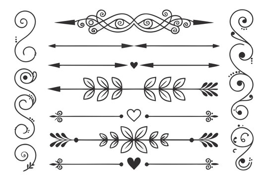 Hand-Drawn Decorative Divider Set Featuring Elegant Line Art Swirls, Arrows, and Floral Borders in Black Vector for Invitations and Layout Design Projects.

