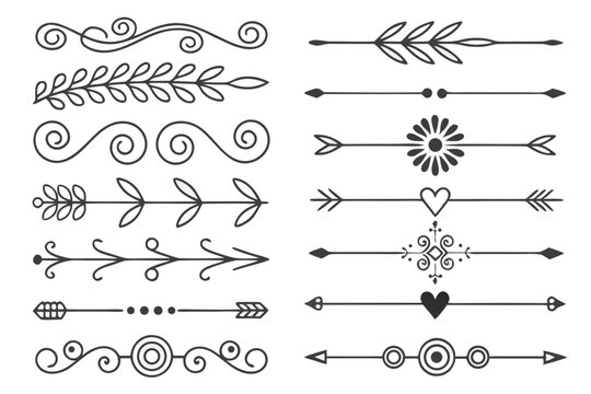 Elegant Hand-Drawn Arrow and Floral Divider Set in Black Vector Featuring Vintage Borders, Curved Swirls, and Ornamental Accents for Layout Design Projects.

