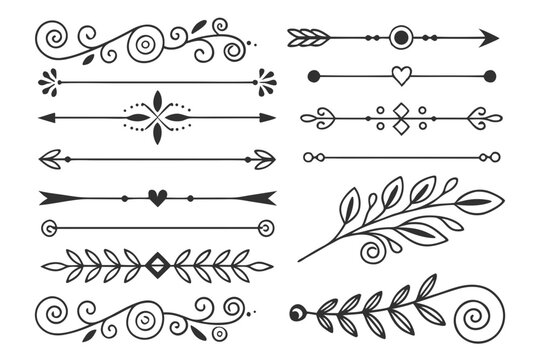 Vintage Floral and Arrow Divider Set in Elegant Black Vector Style. Hand-Drawn Ornamental Borders for Invitations, Posters, and Creative Graphic Layouts.

