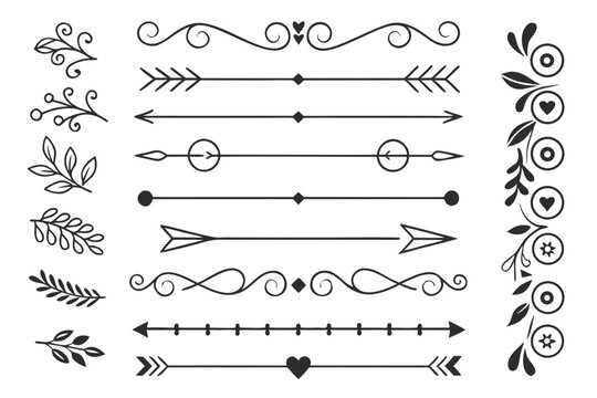 Black Vector Decorative Divider Elements with Elegant Arrows, Vintage Swirls, and Hand-Drawn Floral Ornaments. Stylish Borders for Layout Design and Invitations.

