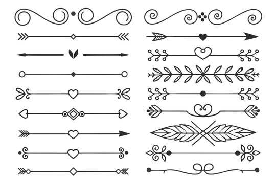 Whimsical Hand-Drawn Divider Set Featuring Elegant Arrows, Hearts, Swirls, and Floral Elements. Ornamental Black Vector Borders for Invitations and Layouts.

