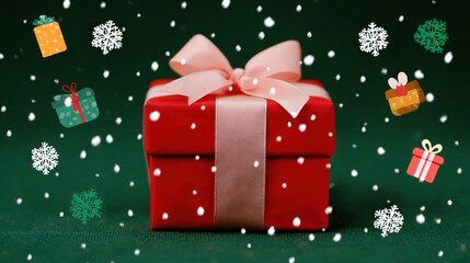 Wall Mural - A red gift box with a pink ribbon surrounded by snowflakes and colorful gift illustrations on a dark green background.