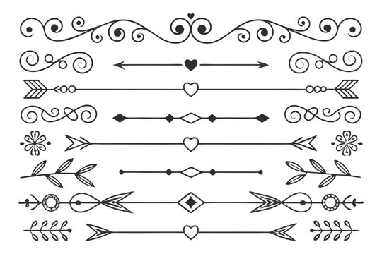 Elegant Divider Elements Featuring Hand-Drawn Arrows, Vintage Swirls, and Floral Borders in Black Vector. Decorative Accents for Layouts and Invitations.

