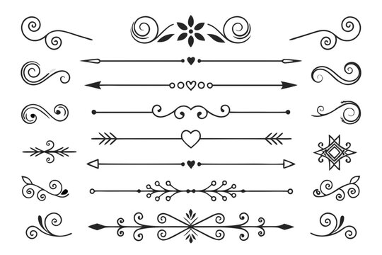 Decorative Arrow and Swirl Divider Set in Elegant Black Vector. Hand-Drawn Floral Borders and Line Accents for Graphic Design, Posters, and Invitations.

