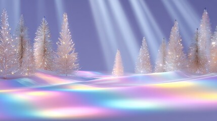 Wall Mural - Snowy landscape with illuminated trees and colorful light reflections under a serene sky.