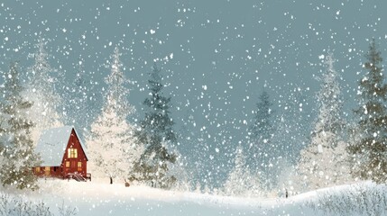 Wall Mural - A cozy red cabin amidst a snowy forest, with falling snowflakes against a serene winter backdrop.