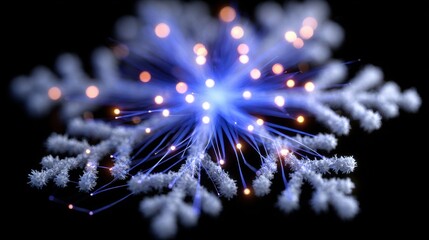 Wall Mural - Close-up of a snowflake illuminated with fiber optic lights, creating a magical and festive winter atmosphere on a dark background.