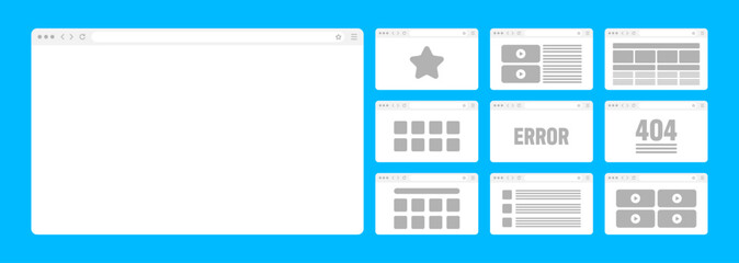 Fototapete - Web browser window, pages layout with toolbar and search field. Modern website, internet page in flat style. Browser mockup for computer, tablet and smartphone. Adaptive UI. Vector illustration