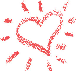 Poster - Red heart like sun scratch drawing in wax crayon texture. Imperfect hand-drawn doodle in child’s style, great as a cute sky grunge element. Vector colorful illustration for kindergarten