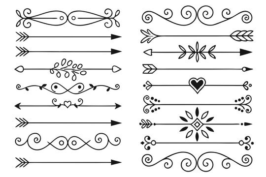 Elegant Decorative Divider Set with Curved Arrows, Floral Elements, and Vintage Swirls in Hand-Drawn Black Vector Style for Creative Projects and Layouts.

