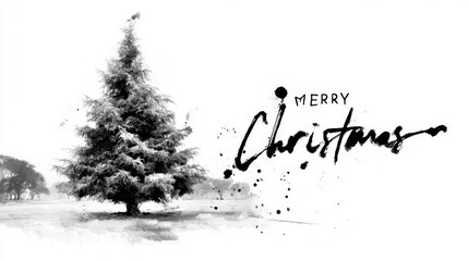 Wall Mural - Black and white illustration of a snow-covered Christmas tree with artistic 